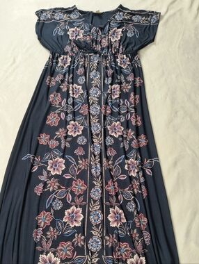 Style & Co Petite PL Navy Floral Maxi Dress Boho V-Neck Cinch Waist Blue